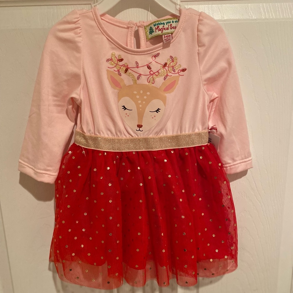 Girls Christmas Dress, Reindeer Dress With Glittery Tulle Skirt, Girls Dress